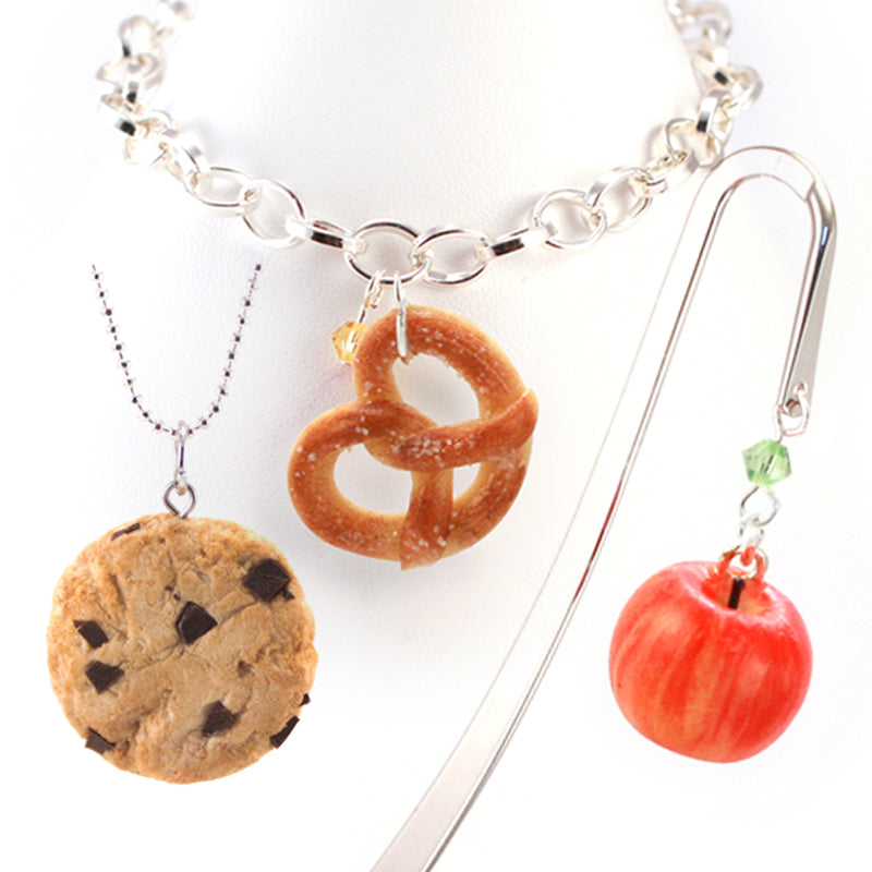 Back To School Set: Scented Apple Bookmark, Scented Pretzel Bracelet, Scented Chocolate Chip Cookie Necklace